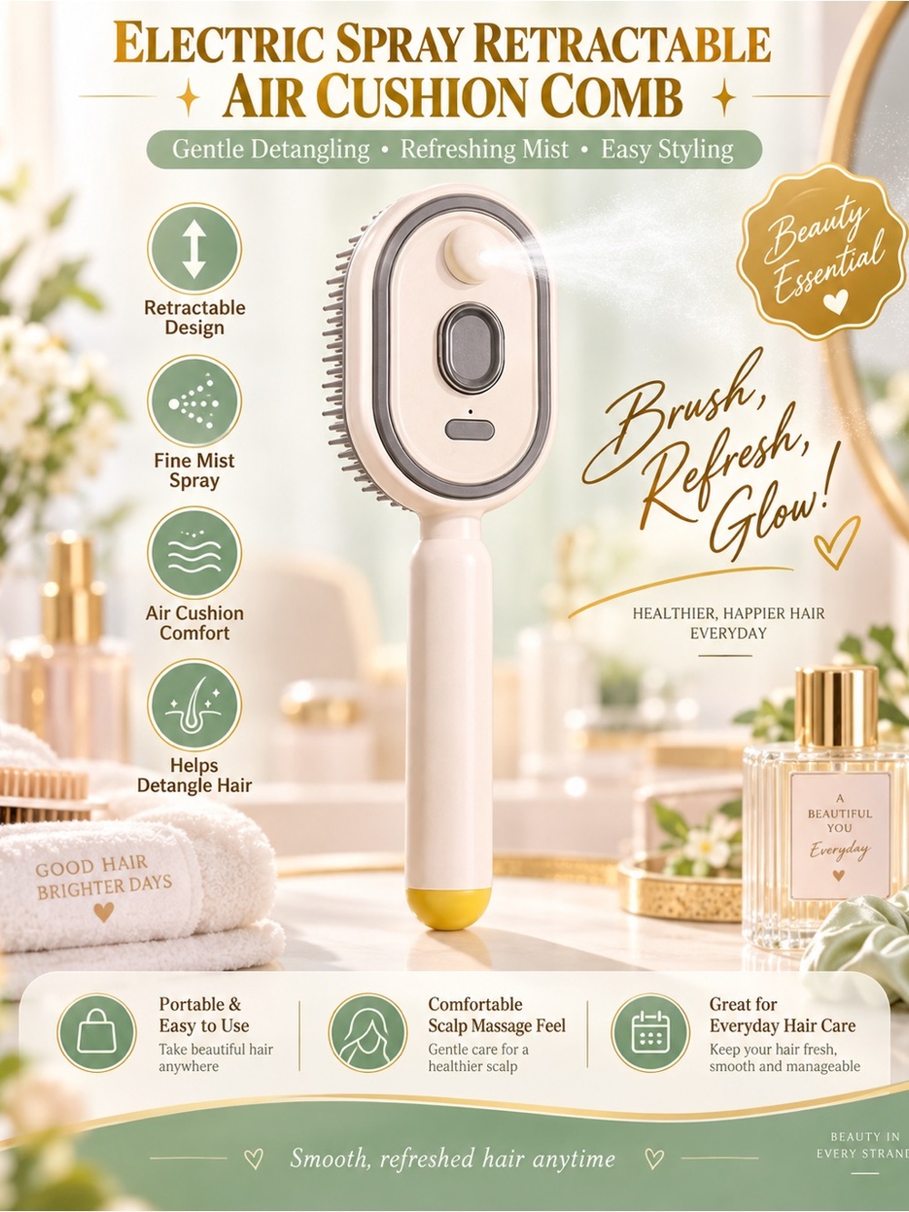 Electric Spray Retractable Air Cushion Comb - Cream/Yellow